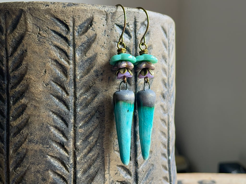 Turquoise Artisan Ceramic Earrings with Czech Glass Flowers. Bohemian Style