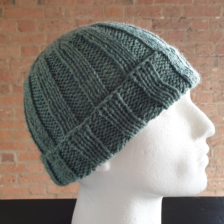 Men's Rib Stitch Hand Knitted Jungle Green Stretch One Size Beanie Hat with Brim