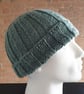 Men's Rib Stitch Hand Knitted Jungle Green Stretch One Size Beanie Hat with Brim