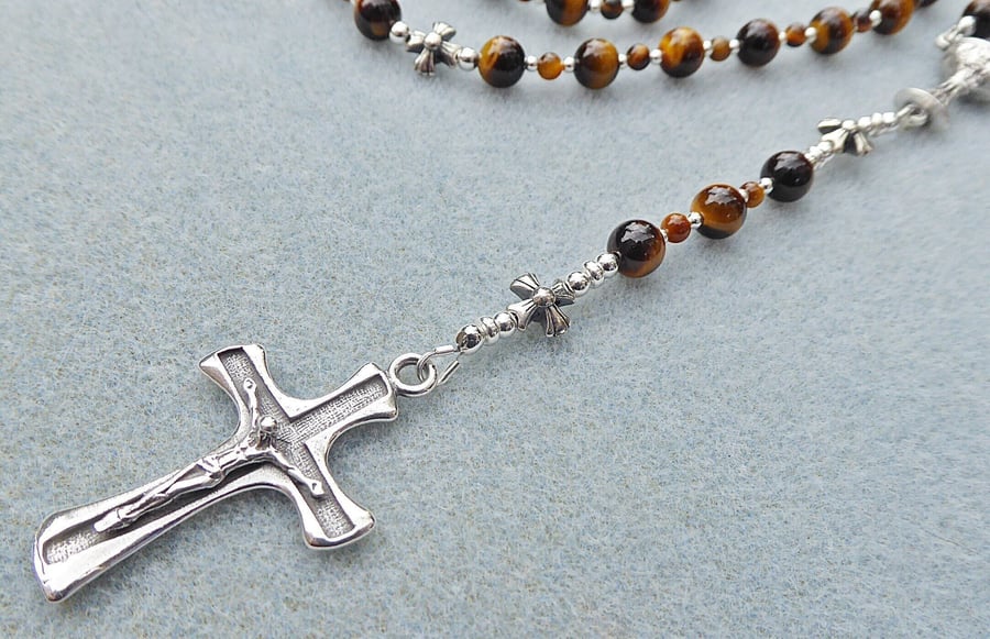 Tiger's Eye 925 Sterling Silver Gemstone Five Decade Handmade Rosary