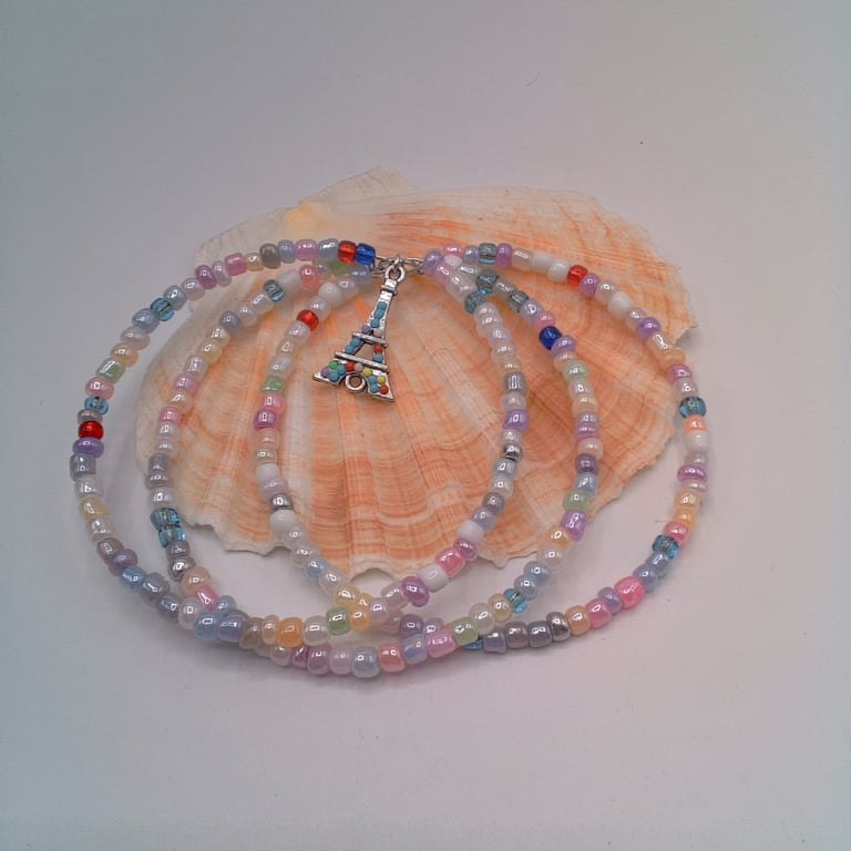 Set of 3 Stacking Memory Wire Cuff Bracelets with a Beaded Tower Charm