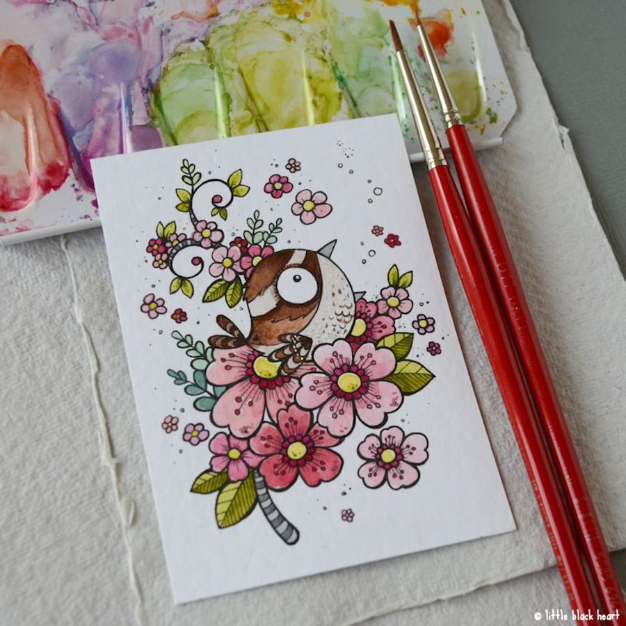 cherry blossom wren - original aceo
