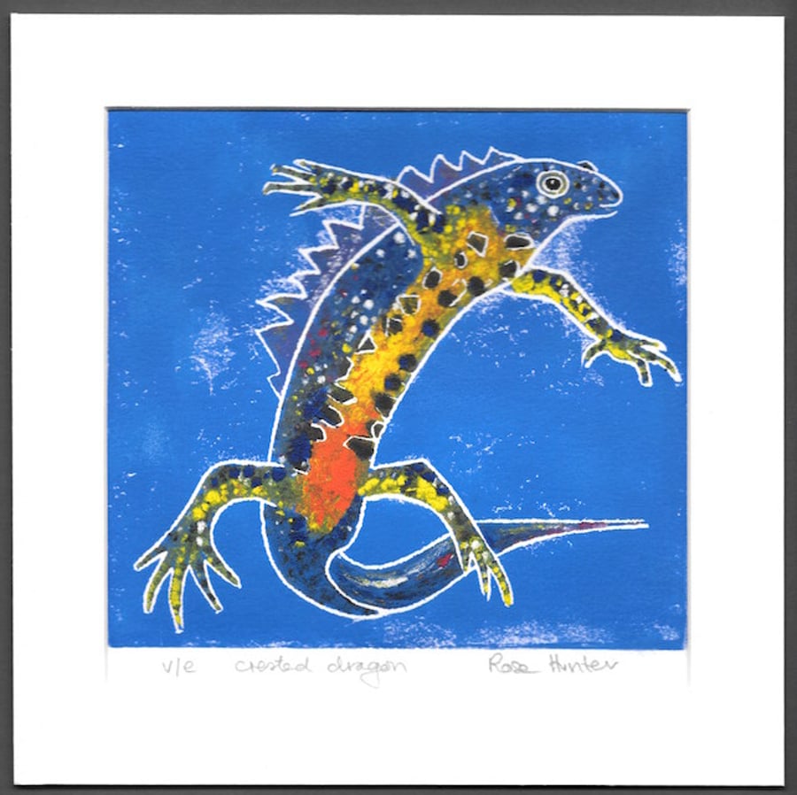 Crested Dragon - newt, hand painted original Lino print 006