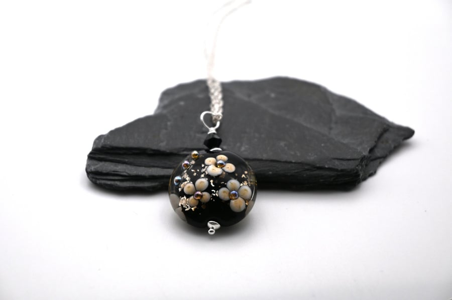 lampwork glass black and gold glitter pendant necklace