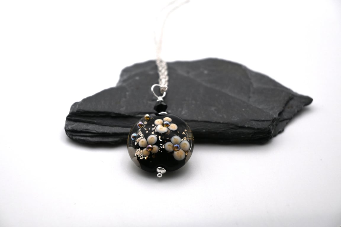 lampwork glass black and gold glitter pendant necklace
