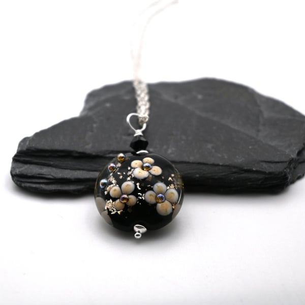 lampwork glass black and gold glitter pendant necklace