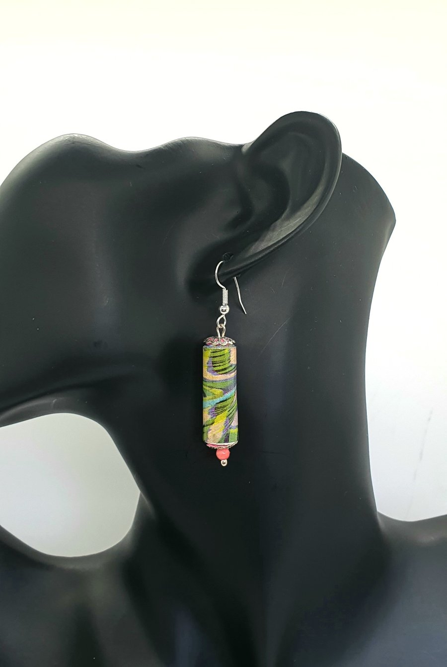 Pink, green and blue multicoloured paper beaded earrings 