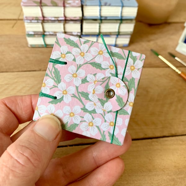 Coptic Bound Tiny Floral Watercolour Sketchbook. Pink, green and white.