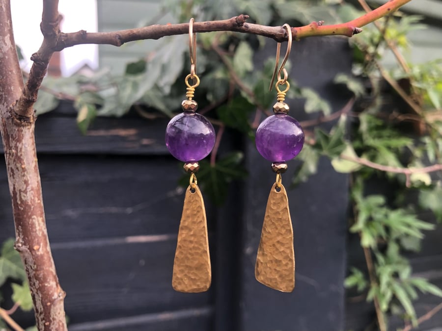 Amethyst Bead & Gold Brass Dangle Earrings. Dangly Hippie Boho Bohemian