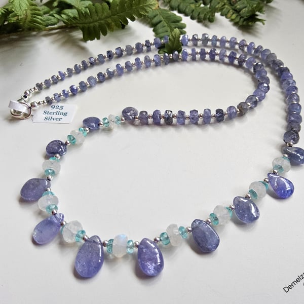 Designer Tanzanite, Moonstone & Apatite Sterling Silver Necklace