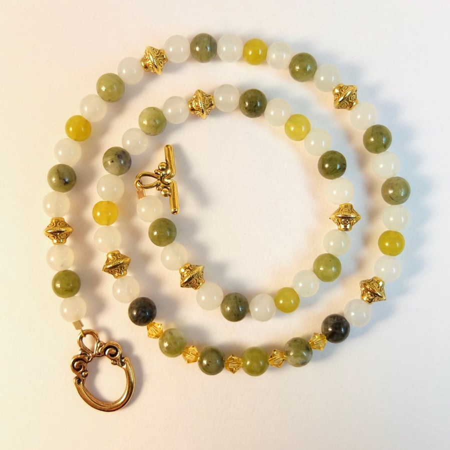 Chinese Green Jade, Serpentine & Swarovski Crystal Necklace - Handmade in Devon