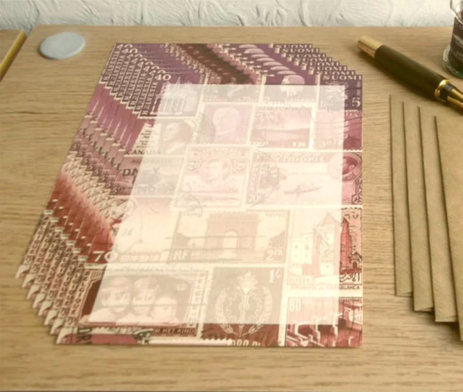 Dusk Writing Set, A5 Letter Paper - Vintage Postal, Postage Stamp Print Design