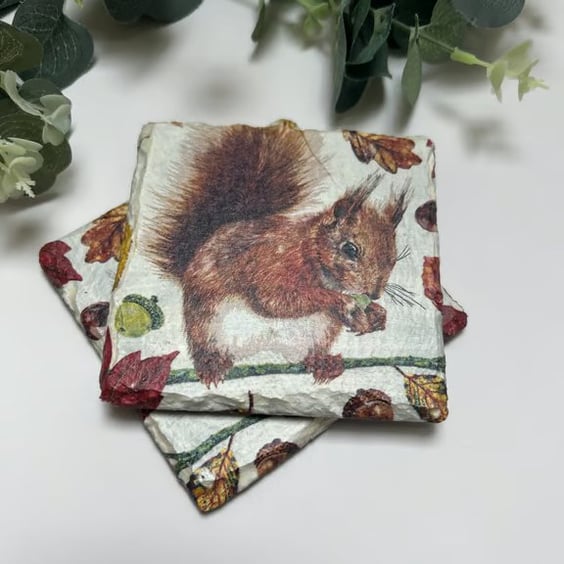 Slate Coasters Set of 2: Decoupage Red Squirrel, Home Decor, Dining, Gifts