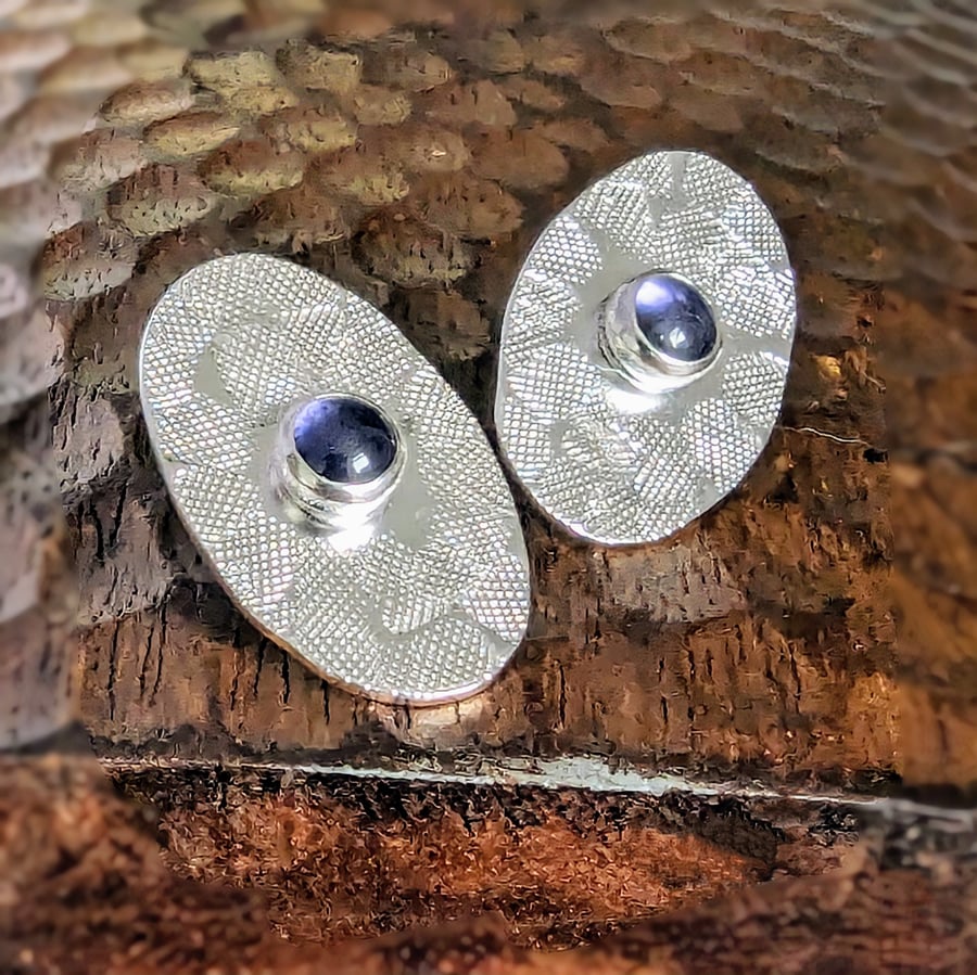 Recycled Sterling Silver Iolite Textured Oval Stud Earrings