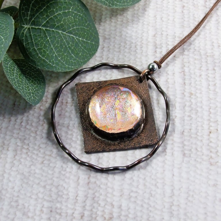 Hanging Decoration, Copper and Irridescent Pink & Blue Dichroic Glass
