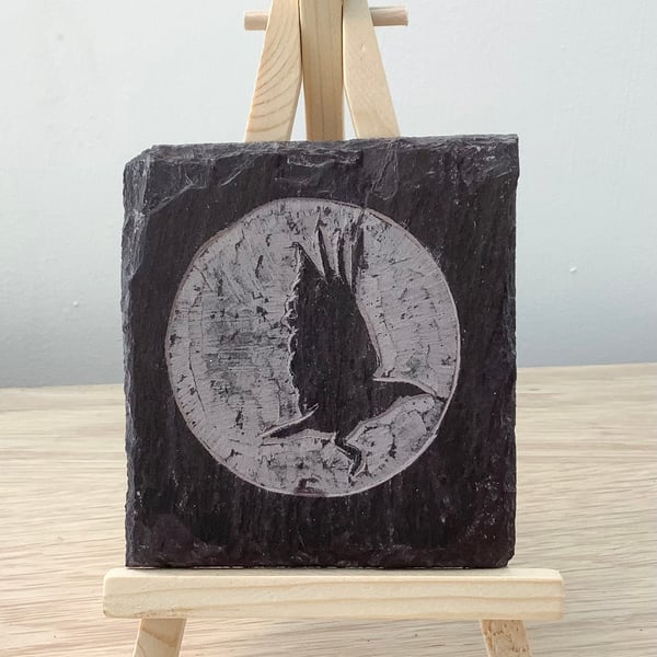A bird flying by the moon - original art hand carved on slate