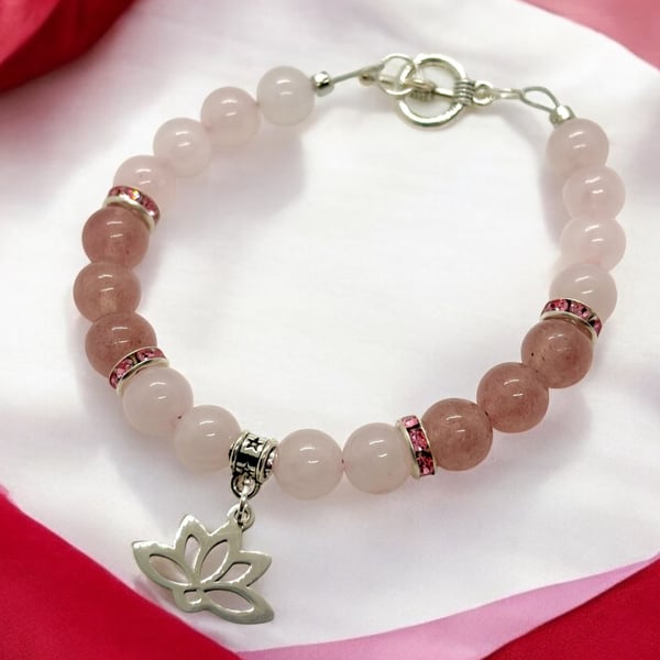 Strawberry and Rose Quartz Bracelet with Lotus charm