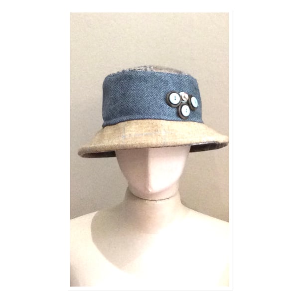 Helen - Wool Bucket Hat Beige & Blue 