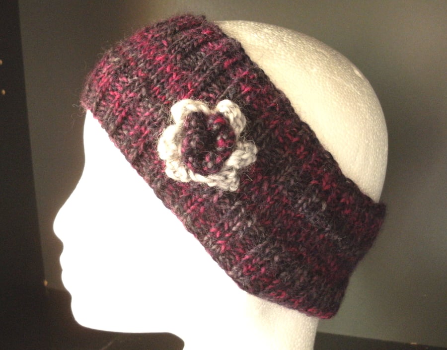 Flowered headband in purple & dark pink 100% Wool