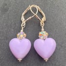 sterling silver - artisan lampwork glass hearts - rhinestone crystal - earrings 