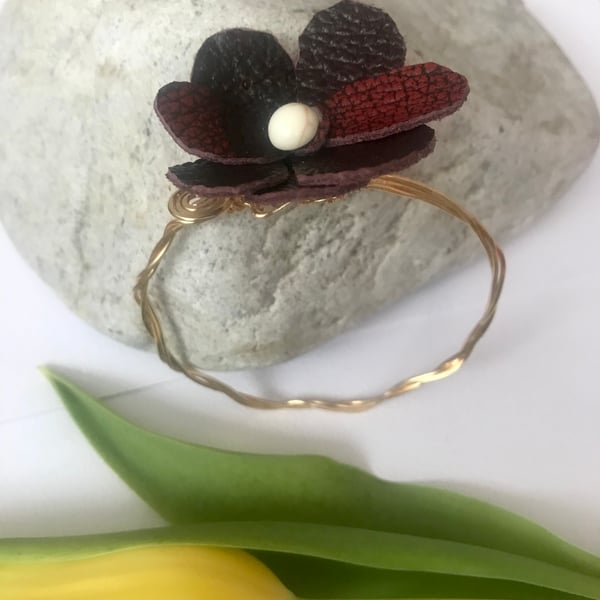 Gold Bangle featuring a White Howlite Semi Precious Stone on a Leather Flower