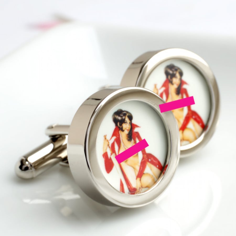  Vintage Pinup Nude Cufflinks of a Girl in Red PVC