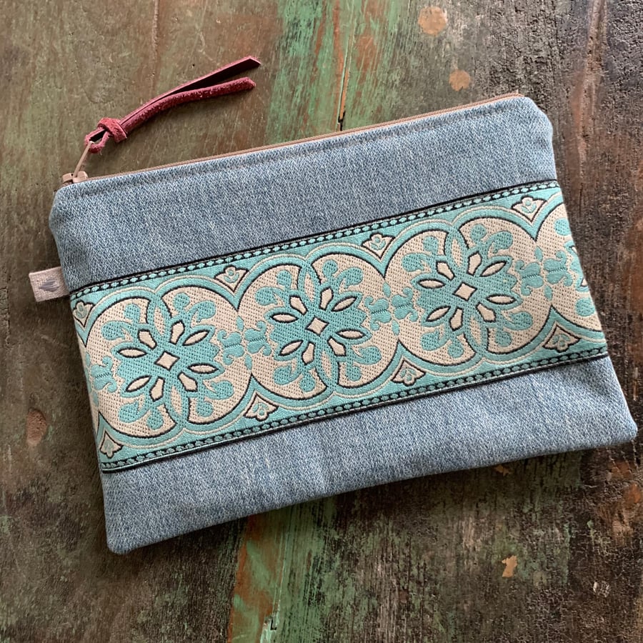Reclaimed denim and embroidered braid zip pouch