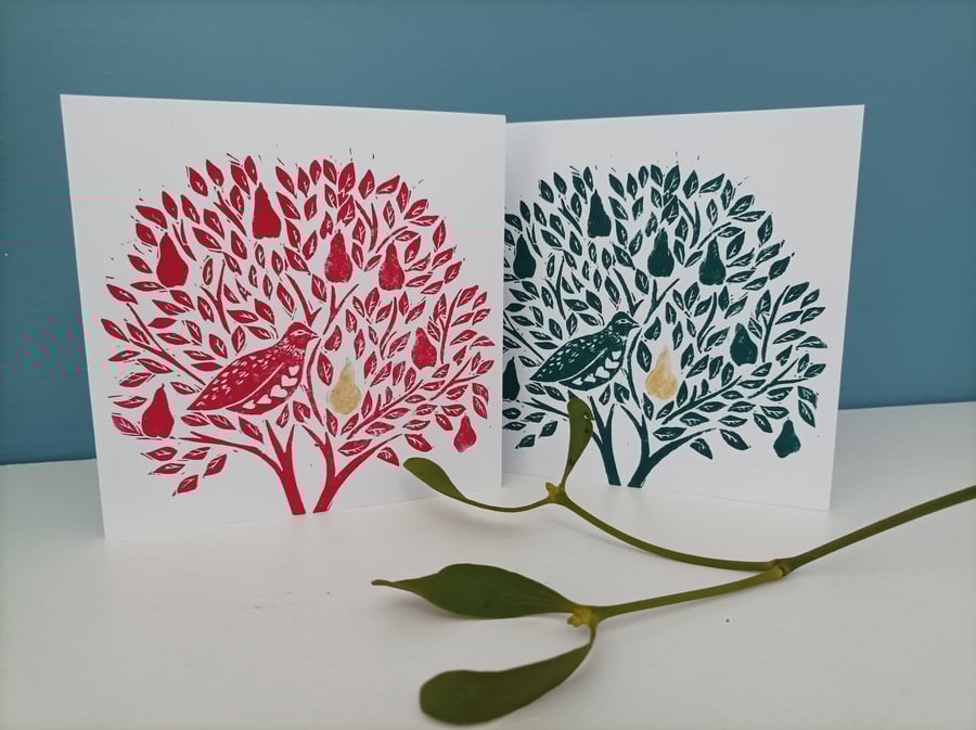 4 Lino Cut Christmas Cards - Partridge in a Pear Tree - Hand Printed 