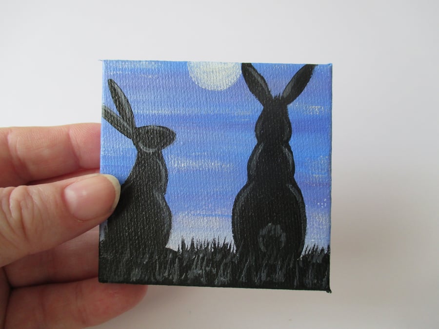 Bunny Rabbit Silhouette Mini Canvas Original Painting Art Picture