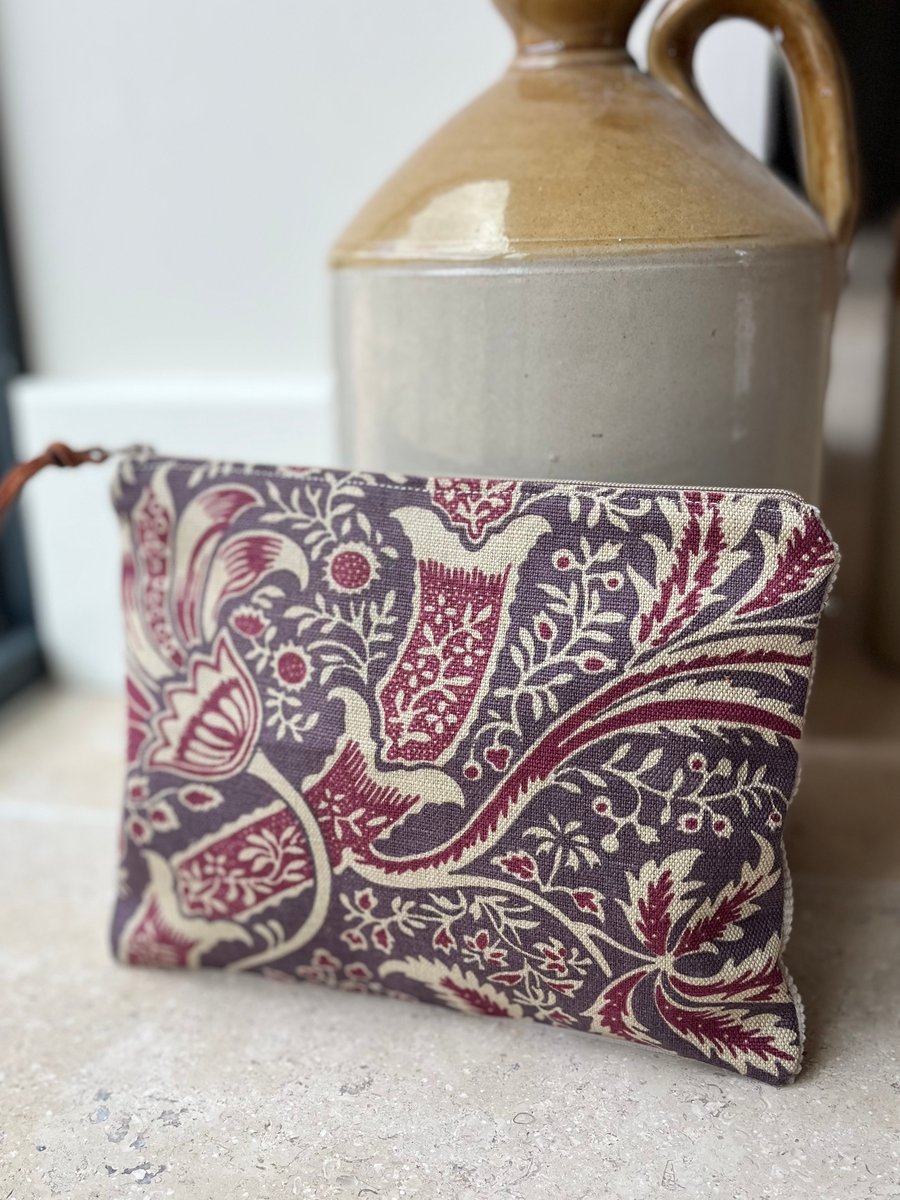 William Morris Indian linen zip pouch with corduroy back