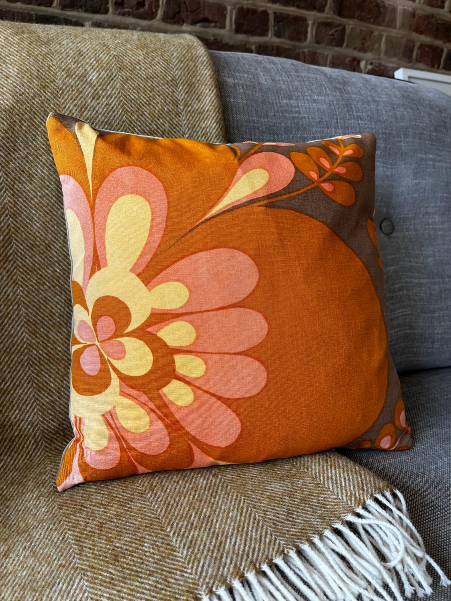 Retro floral orange cushion cover velvet back reclaimed fabric
