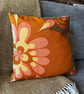 Retro floral orange cushion cover velvet back reclaimed fabric