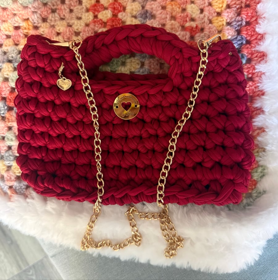 Image of Handmade Wine Red Box Bag with Gold Chain
