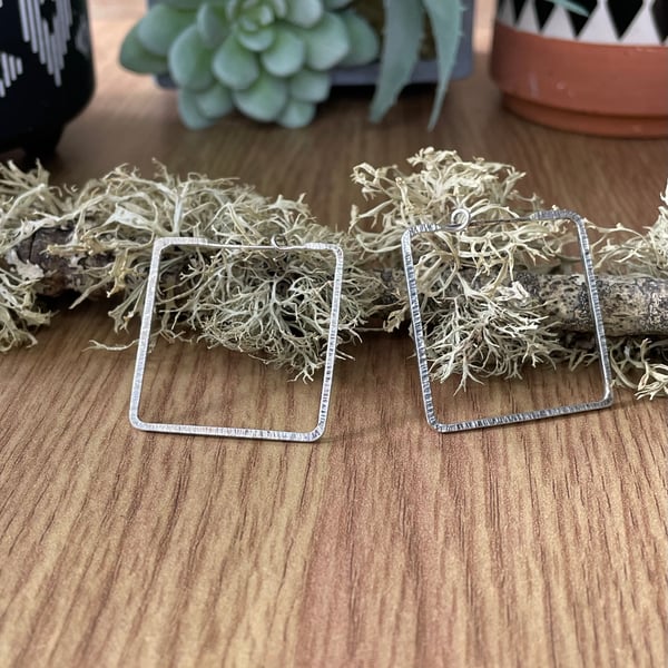 Silver textured square hoop earrings