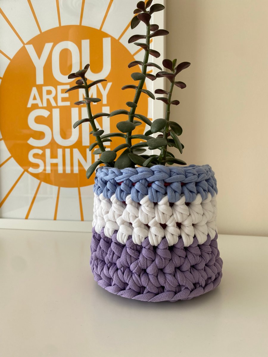 Crochet plant pot cover made with upcycled tshirt yarn - lilac and blue mini