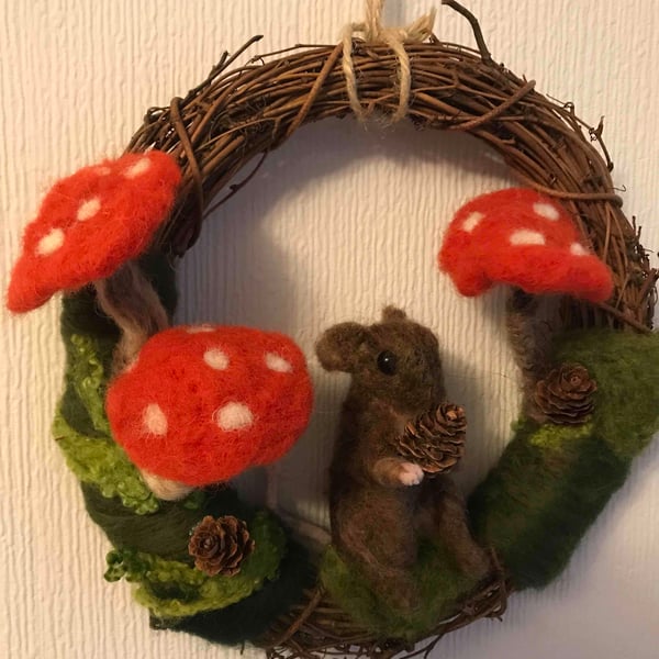 Mouse-toadstools-needle felted-wreath-rustic-wall art 
