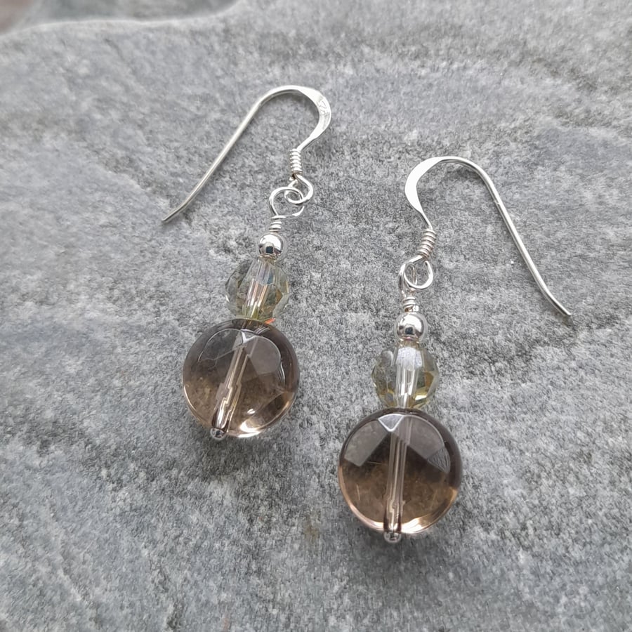 Smoky Quartz and Crystal Dangle Drop Sterling Silver Earrings