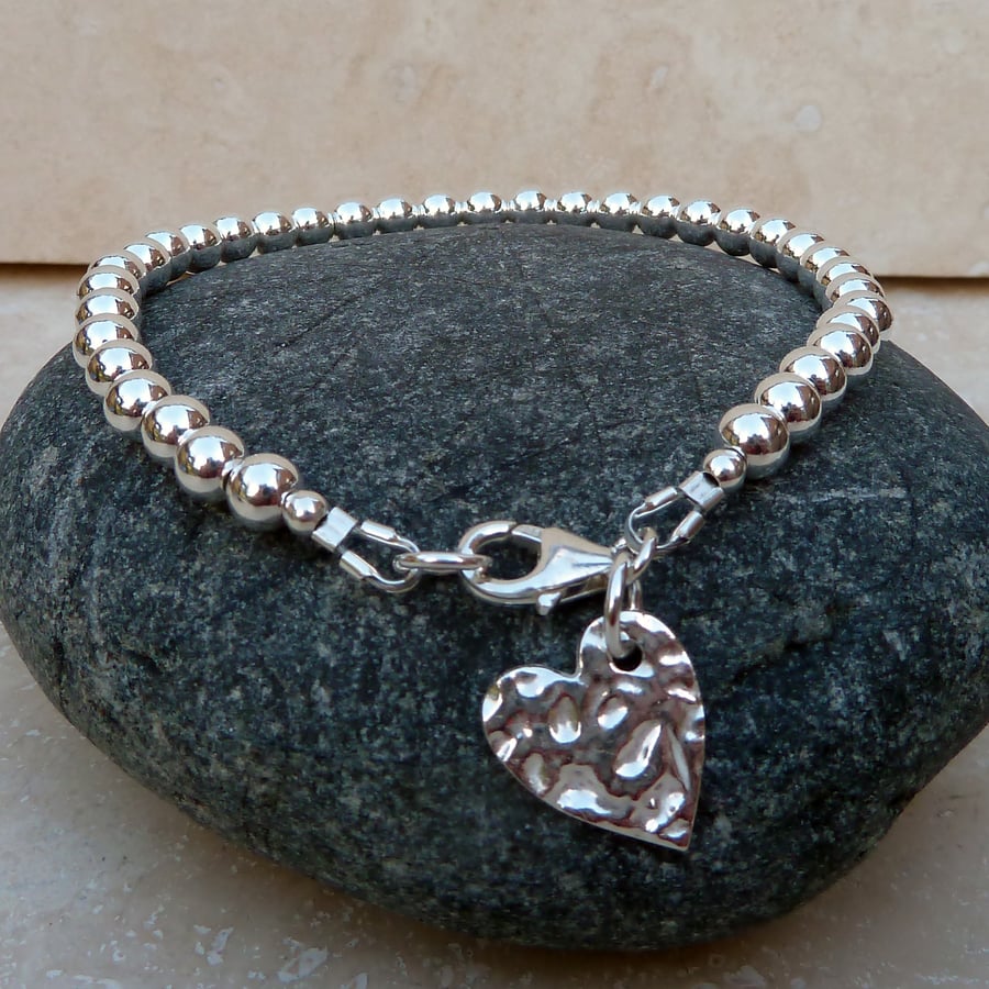 Sterling Silver Hammered Heart Charm Ball Bead Bracelet - BRC002