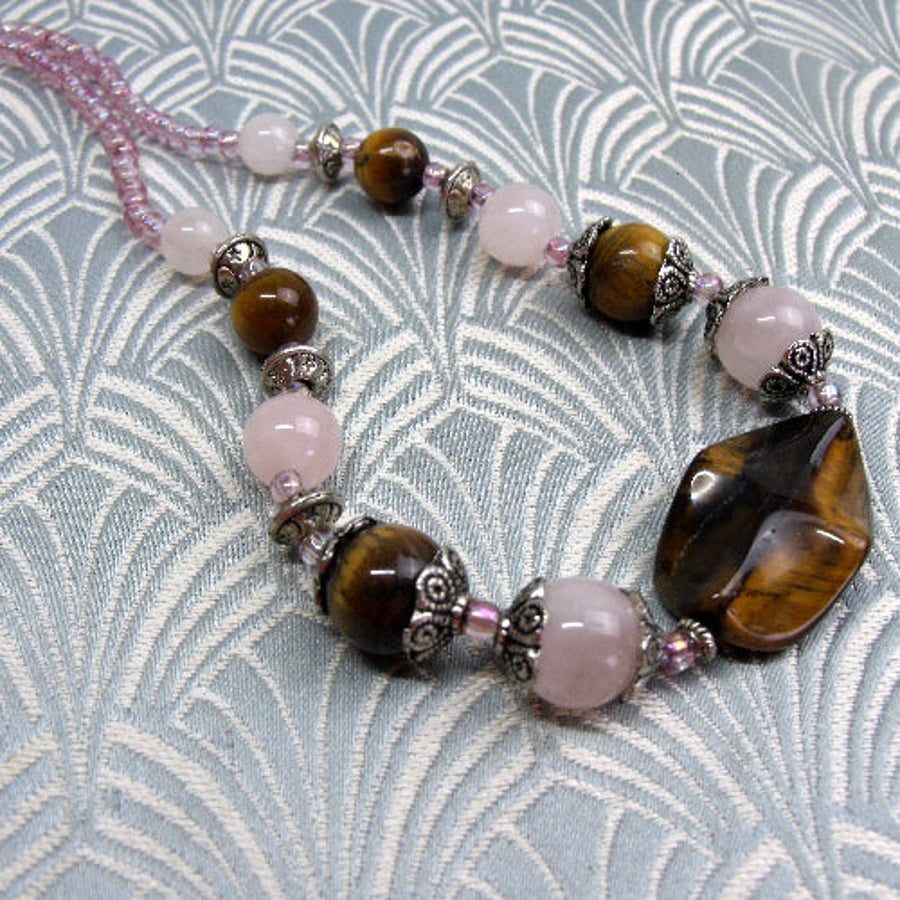 Rose Quartz Necklace, Pink Semi-Precious Necklace, Handmade Necklace SPSA51