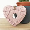 Ceramic heart hanging decoration Pottery Heart Folk art love heart Speckled Pink