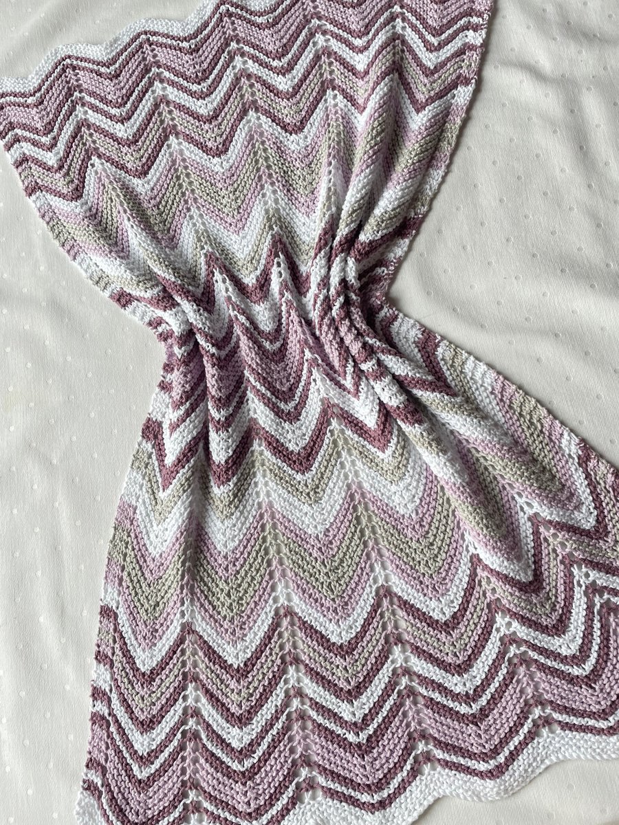 White, grey and lilac baby blanket, hand knitted in 100% cotton yarn.