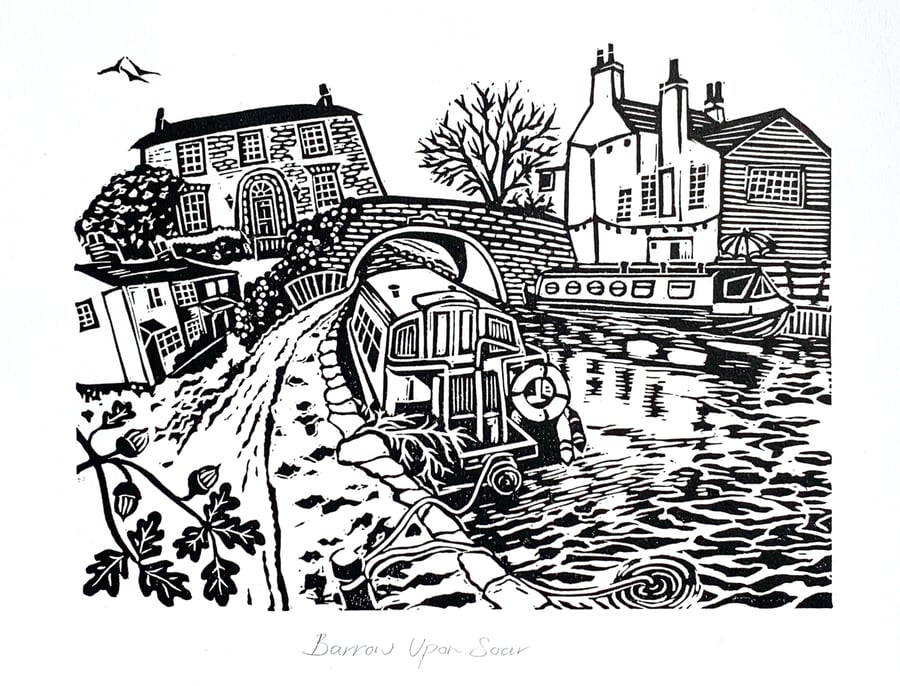 Barrow Upon Soar Black and White Lino Print