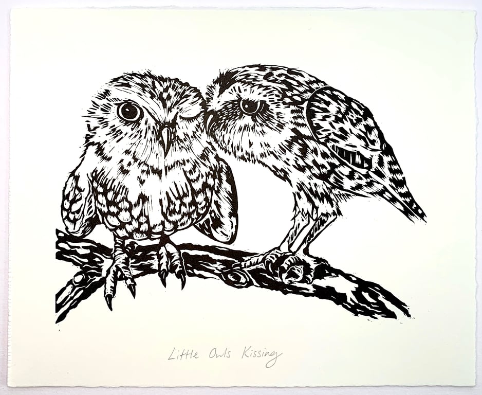 Little Owls Kissing - Lino Print