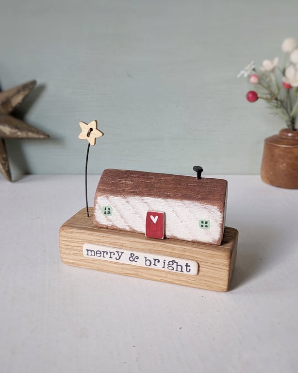 Little Wooden Christmas Cottage with Star 'Merry & Bright'
