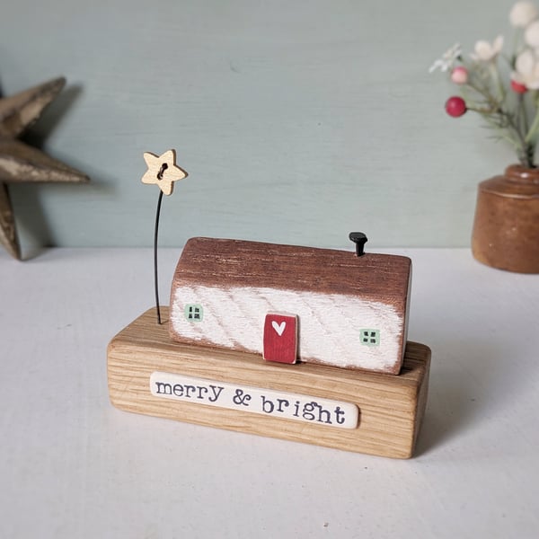 Little Wooden Christmas Cottage with Star 'Merry & Bright'