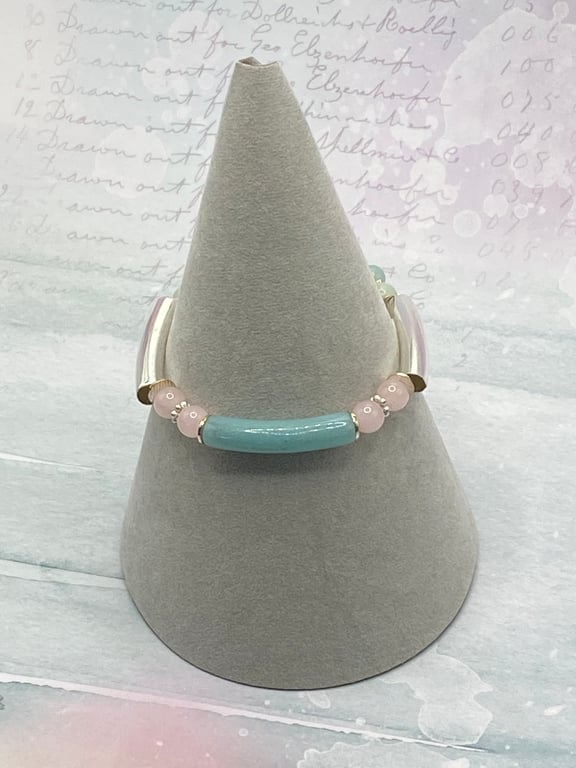 Stretchy bracelet with curved silver plated, rose quartz and amazonite tubes