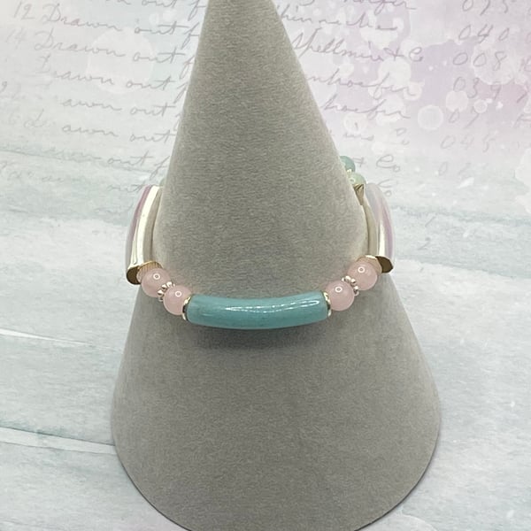 Stretchy bracelet with curved silver plated, rose quartz and amazonite tubes
