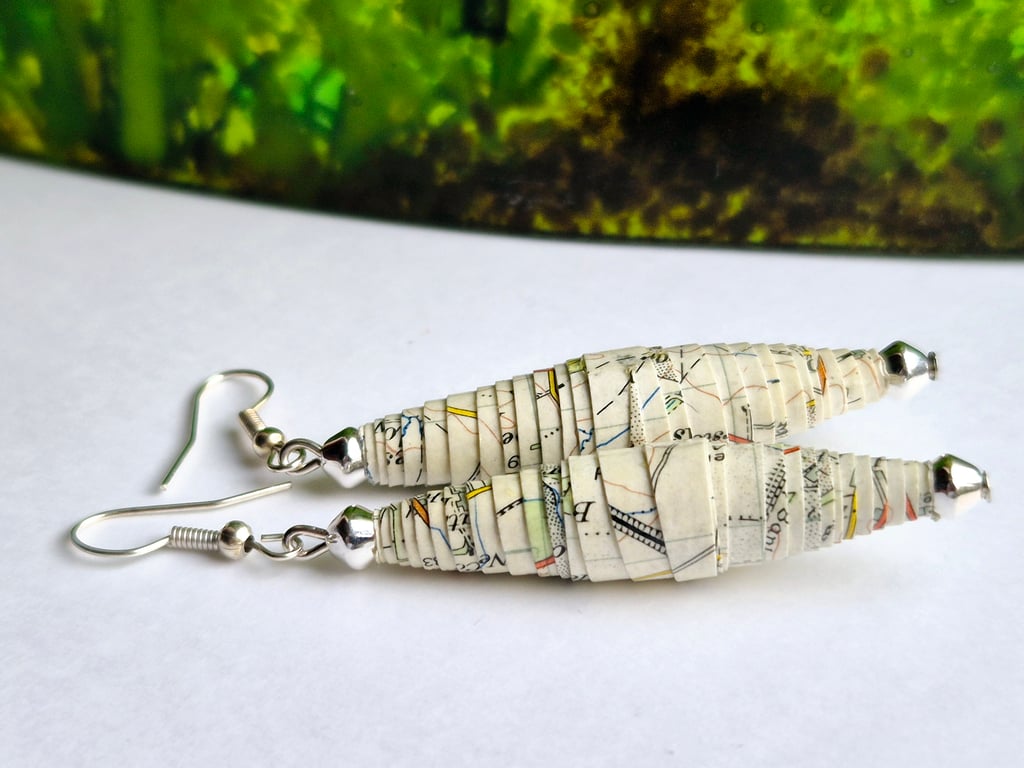 Long conical paper beaded earrings made from an old map of Banbury