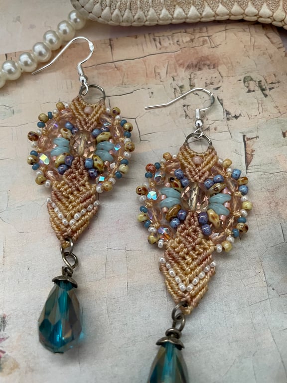Beautiful macrame beaded drop boho earrings, gift for her, wedding guest, summer