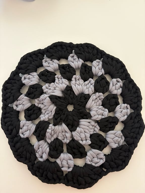 Handmade crochet round Doily , Black and grey . 